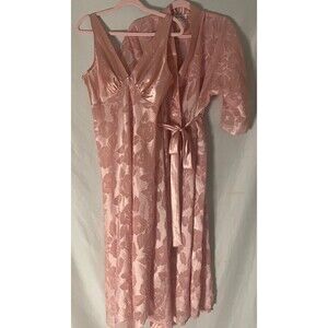 Vintage Lucie Ann II Satin Nightgown And Robe Set Size Medium Floral Sheer Silky